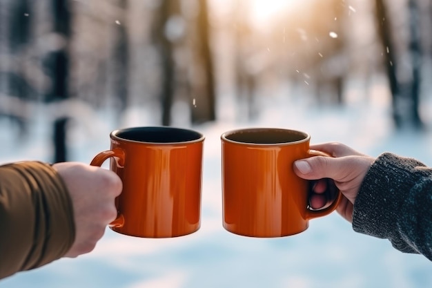 Closeup of hiking mugs with tea in the hands of people in the winter forest