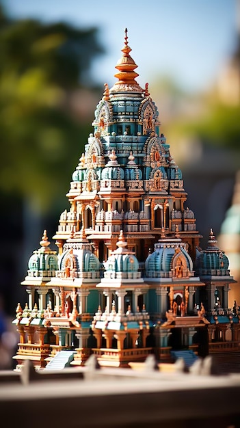 A Closeup of a Hindu Temple Gopuram or Gateway Tower with its Elaborate Carvings and Bright Colors