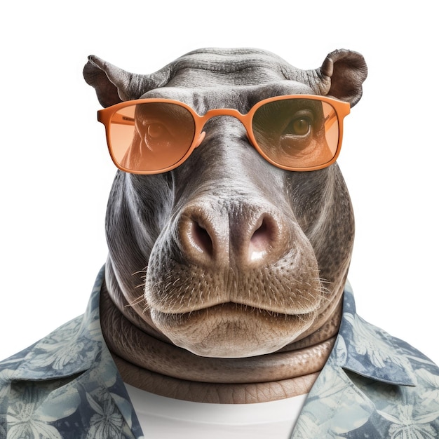 Closeup of Hippopotamus with sunglasses on white background