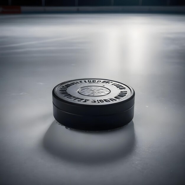 Photo closeup of a hockey puck on ice during an indoor hockey game