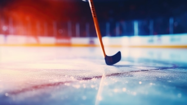 Closeup hockey stick on ice Blurred stadium background and copy space AI