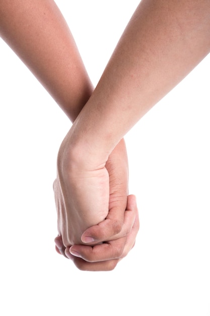 Closeup hold hands on a white background.