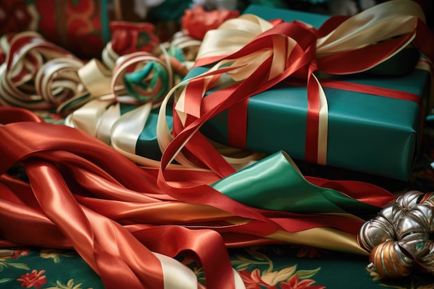 Closeup of holiday wrapping paper and ribbons