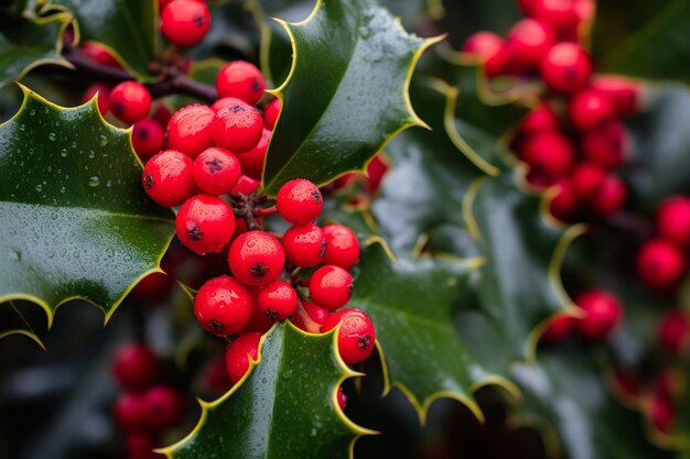 Closeup of holly leaves and berries