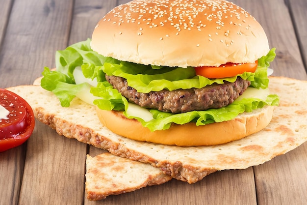 Closeup home made beef burger on wooden table