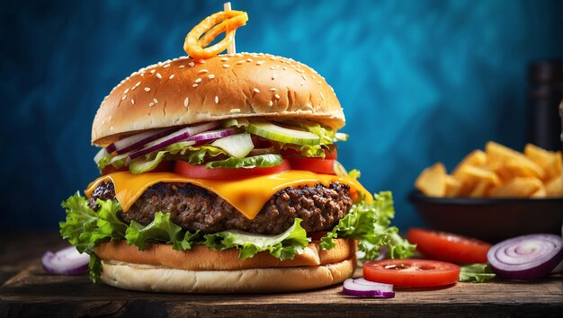 Closeup home made single beef burger on wooden table