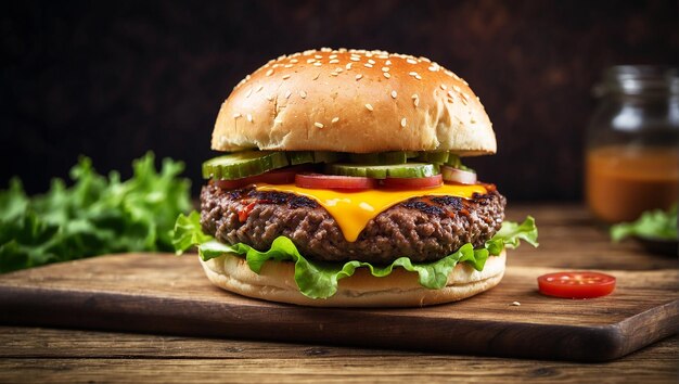 Closeup home made single beef burger on wooden table