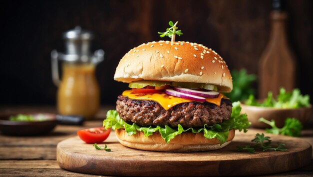 Closeup home made single beef burger on wooden table