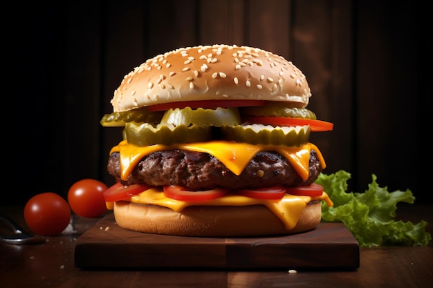 Closeup of home made tasty burger on wooden table