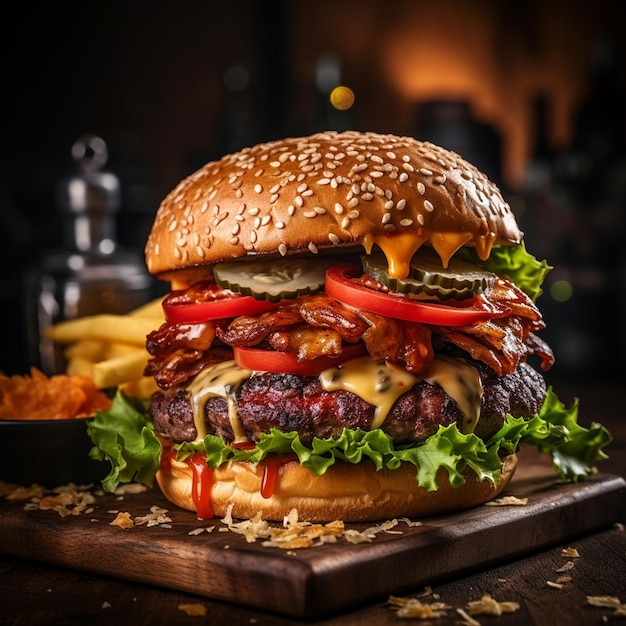 Closeup of home made tasty burger on wooden table