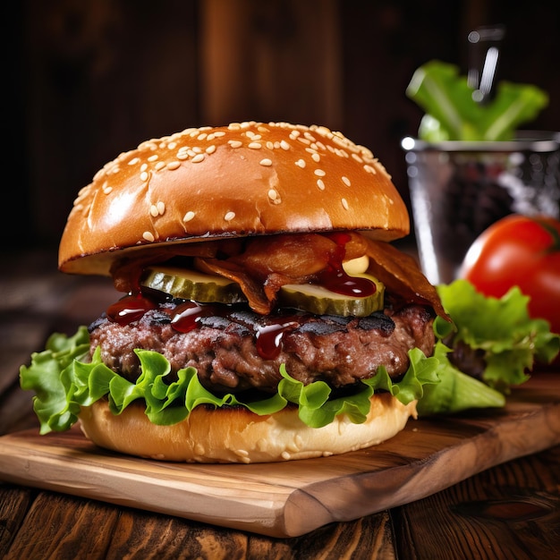 Closeup of Homemade Beef Burger on Wooden Table AI Generated