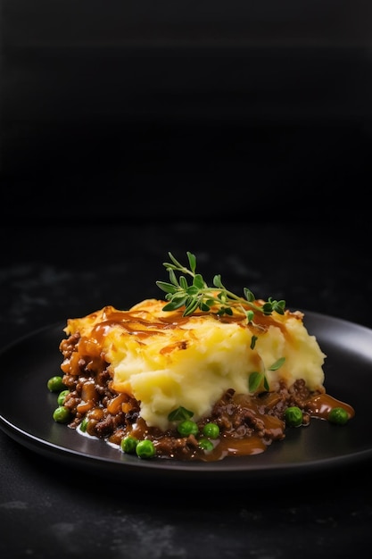 Closeup of homemade cottage shepherds traditional pie with greens on black with copy space