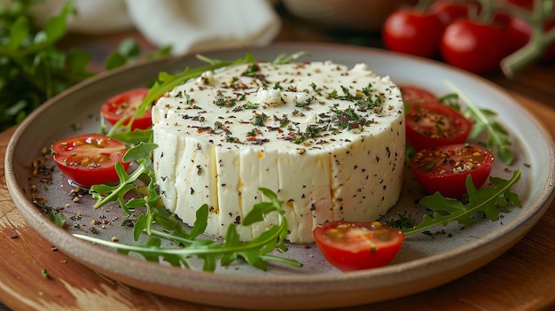 closeup homemade round cheese with tomatoes and rocket on plate