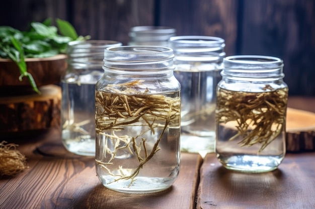 Closeup of homemade vodka in mason jars on wooden table created with generative ai