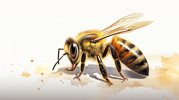 Closeup of honey bee on blue cotton illustration