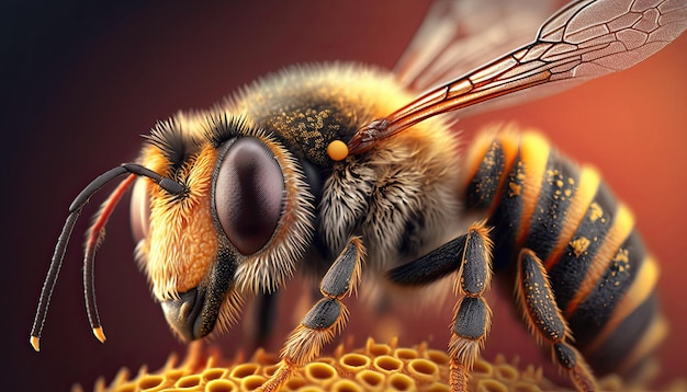 Closeup of a honey bee gathering nectar generative ai