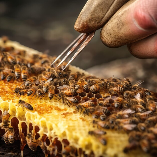 Photo closeup of honey flowing off harvesting beekeper equipment generative ai