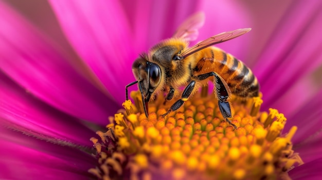 Closeup of a honeybee collecting pollen on a bright pink flower