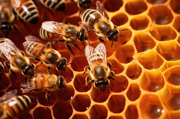 Closeup of honeybee larvae in brood cells