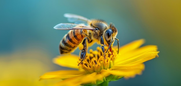 Closeup of a honeybee pollinating a vibrant yellow flower