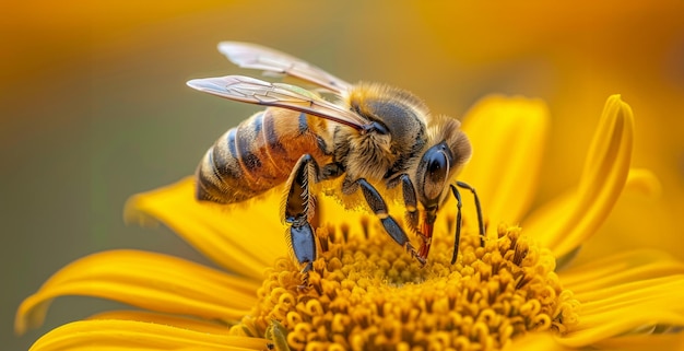 Closeup of a honeybee pollinating a vibrant yellow flower