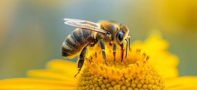 Closeup of a honeybee pollinating a vibrant yellow flower