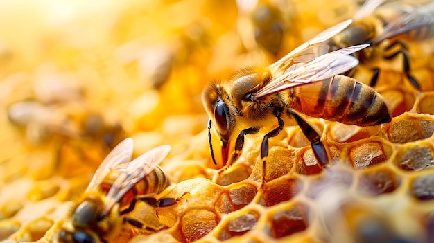 Клоуз-ап медоносных пчел, работающих на пчелах, природы, усердные опылители в действии Идеально подходит для образования и природы.