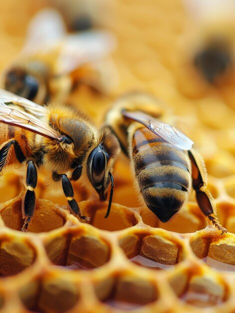 Photo closeup of a honeycomb filled with golden honey with worker bees crawling on the surface