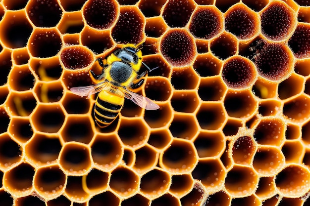 Closeup honeycomb with bee generative ai