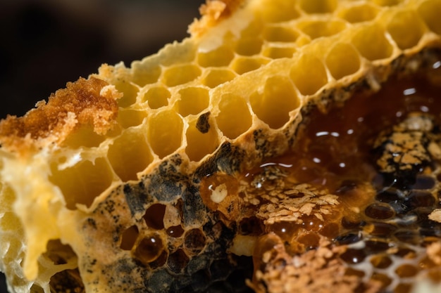 Closeup of honeycomb with honey and beeswax