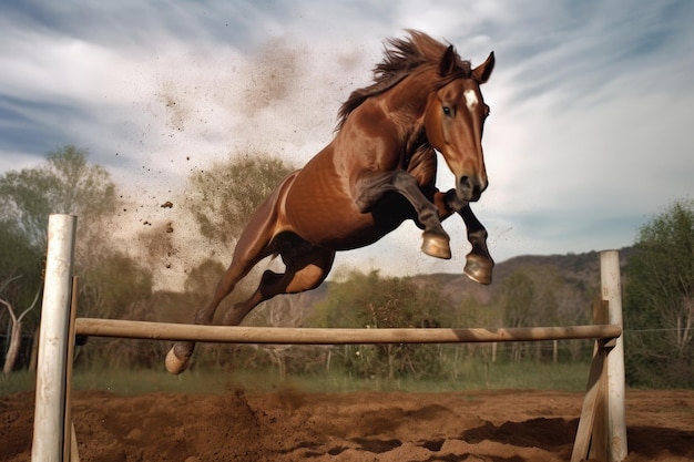 Foto closeup of horse jumping over hurdle dirt flying