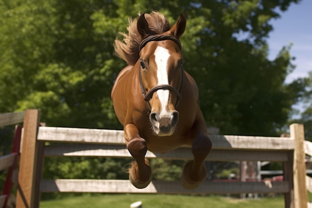 Closeup of a horse jumping over a hurdle focus on hooves