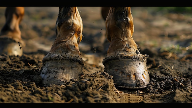 Photo closeup of a horses hooves in the mud