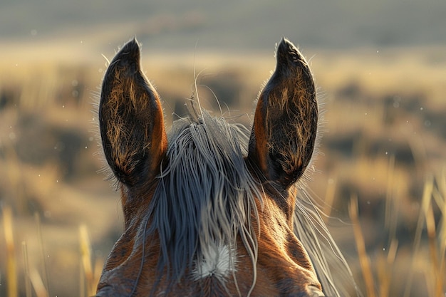 Closeup of a horses pricked ears alert and attenti