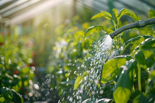 温室で野菜に水を注ぐホースノズルのクローズアップ