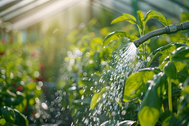 Foto close-up di un tubo di irrigazione di verdure in una serra