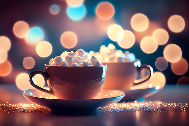 Closeup hot chocolate with marshmallows Generative AI Generative AI