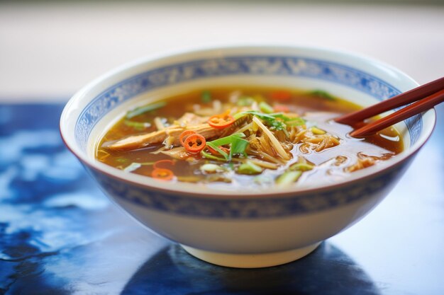 Closeup of hot and sour soup with vibrant red broth