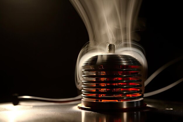 Closeup of hot vaporizer coil with thick smoke rising from it created with generative ai