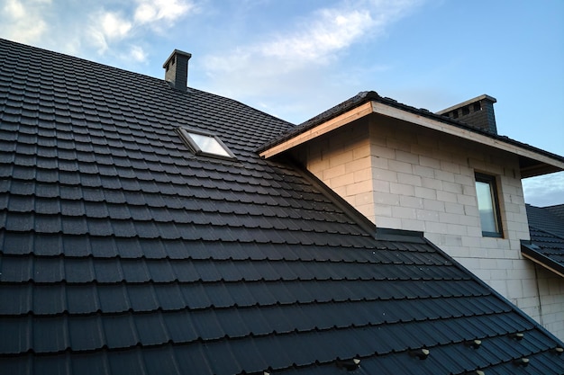 Photo closeup of house roof top covered with ceramic shingles tiled covering of building