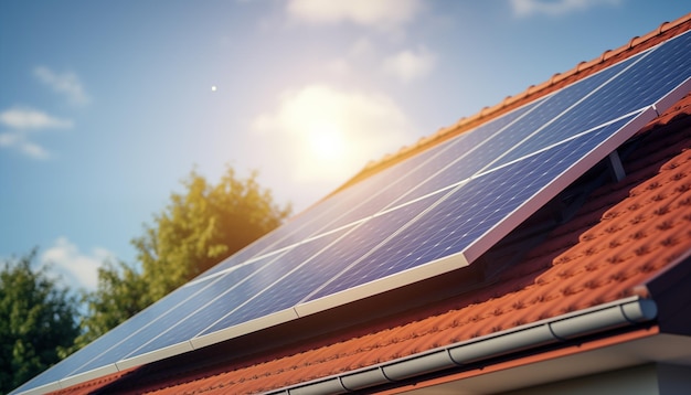 Closeup house with solar panels on the roof