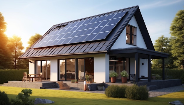 Closeup house with solar panels on the roof