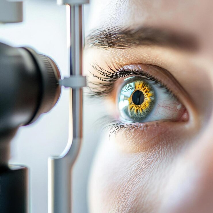 Photo closeup of a human eye during an eye examination showcasing detail of the iris pupil and optical use