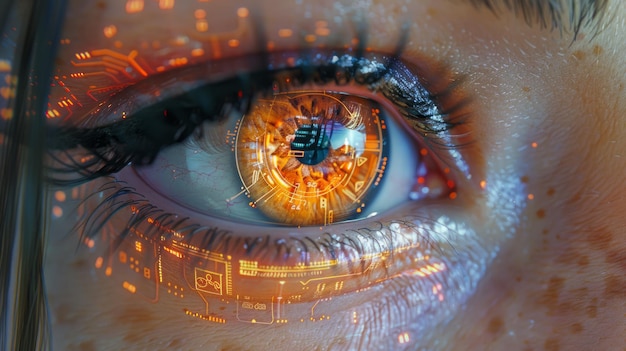 人間の目のクローズアップ 輝くデジタルインターフェースグラフィック 鮮やかな光とパターンはバイオテクノロジーの進歩を示します 人工知能や仮想現実
