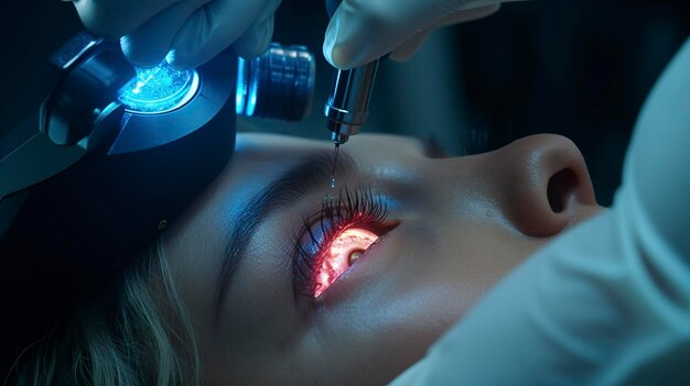 Photo closeup of a human eye receiving a futuristic laser treatment