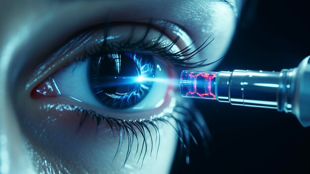 Photo closeup of a human eye receiving a futuristic laser treatment
