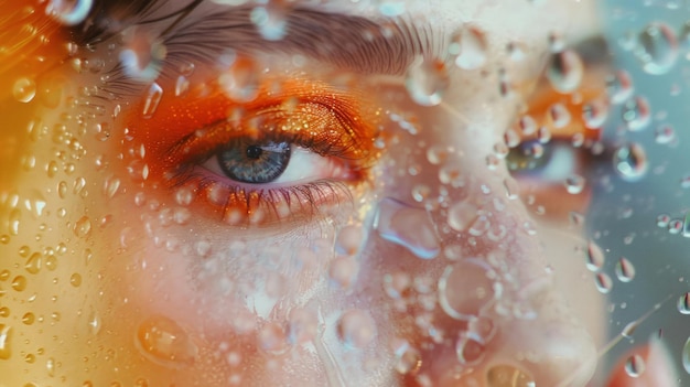 Closeup of a human eye surrounded by water drops An eye with visible eyelashes Droplets of water glisten around the eyes giving an element of freshness and purityf freshness and purity