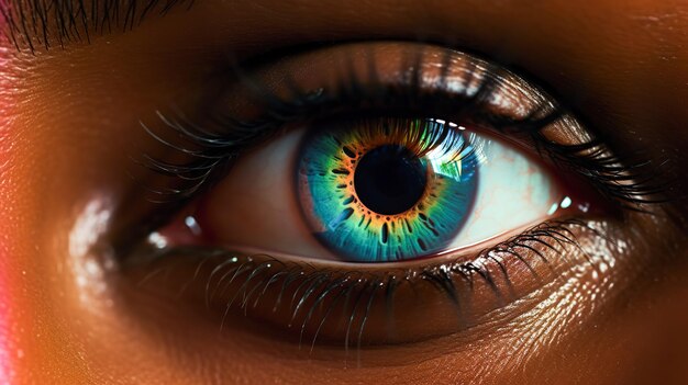 Близкий взгляд на человеческий глаз с голубой и желтой радужкой, окруженной красочными тенями для глаз и длинными ресницами. Кожа имеет теплый и темный тон