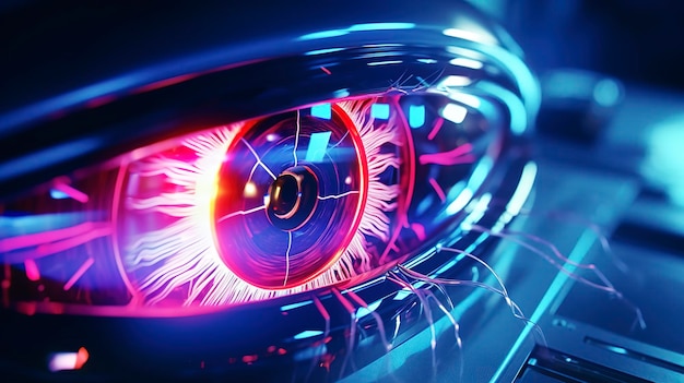 Closeup of a human eye with a futuristic neon pink retinal scan