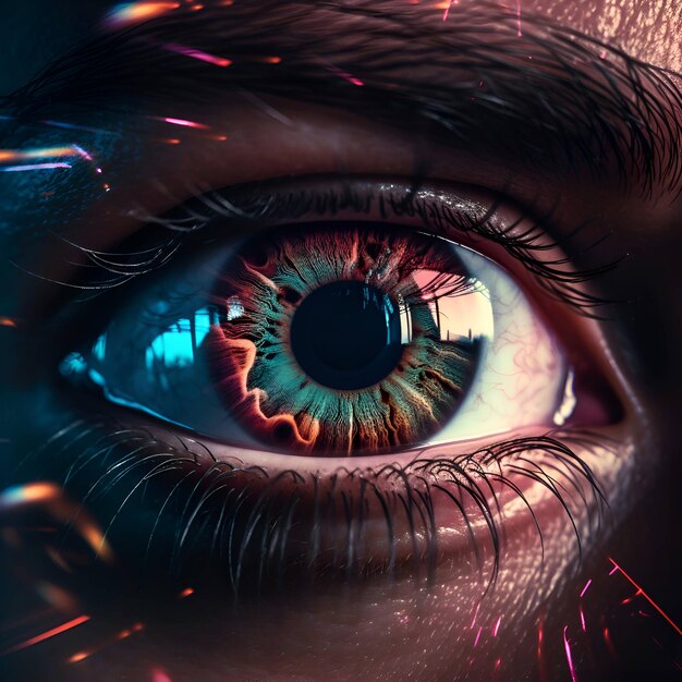 Closeup of human eye with glowing iris 3D rendering